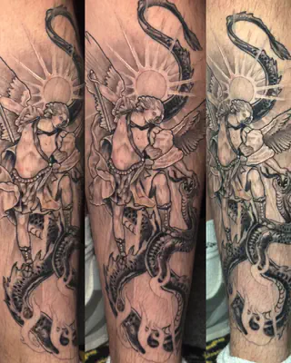 Black and grey tattoo of the archangel Michael with spread wings and a sunburst halo standing over a serpent, on a calf, shown from three angles