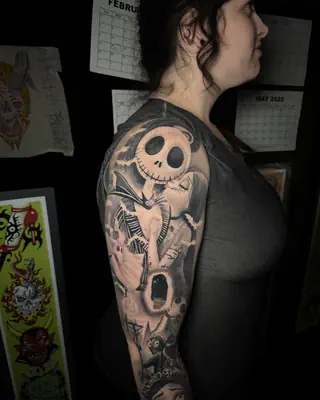 Full black and grey Nightmare Before Christmas sleeve with Jack Skellington, photographed in the Satori shop