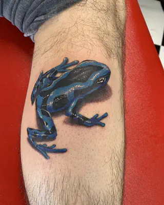 Color tattoo of a blue poison dart frog, on a forearm
