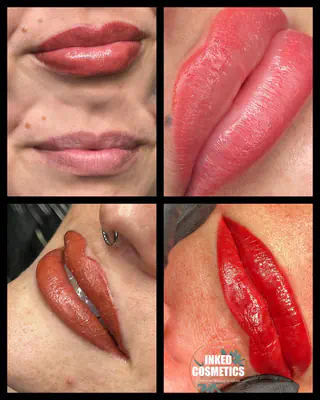 Four cosmetic lip tattoos: a soft red before and after, a coral lip blush, a terracotta full lip color, and a bright red full lip