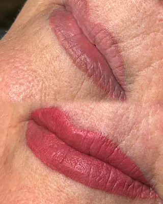 Before and after lip blush: pale lips with an uneven edge above, the same lips in an even rose red with a defined line below