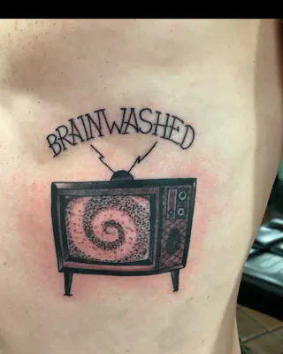 Traditional television with a hypnotic spiral on the screen under the word Brainwashed