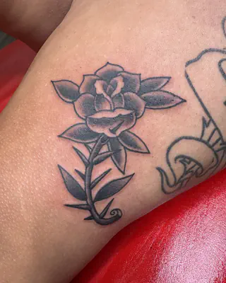 Traditional black and grey rose on a long stem with leaves