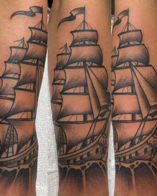 American traditional clipper ship under full sail over rolling waves, black and grey on a forearm, shown from three angles