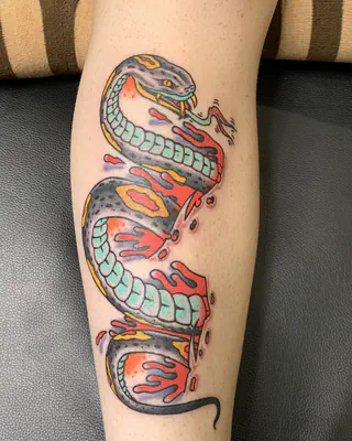 American traditional snake coiling down a forearm in green, red, and orange